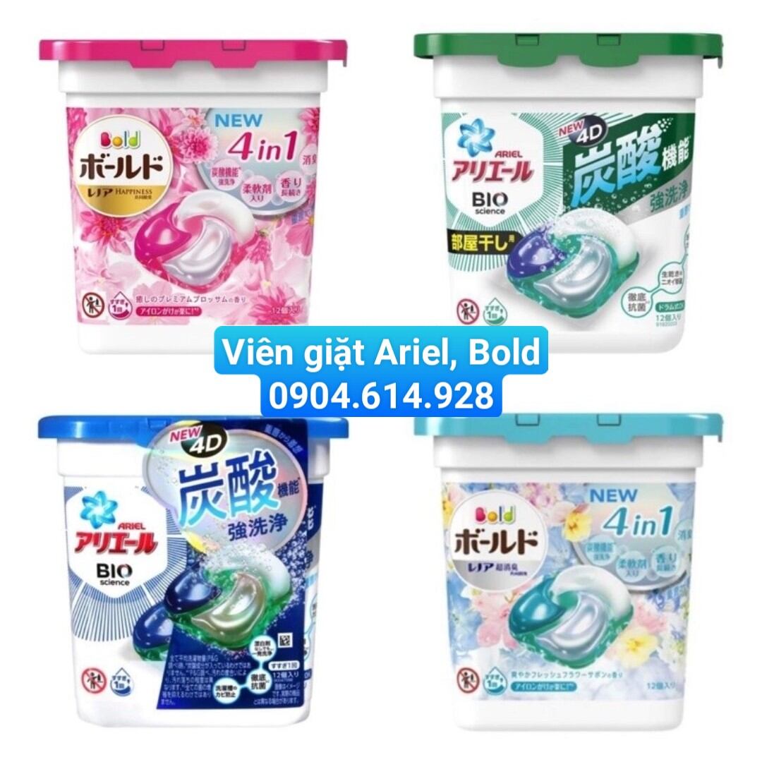 Combo 6 hộp viên giặt ariel, bold 4d hộp 12 viên nhật bản