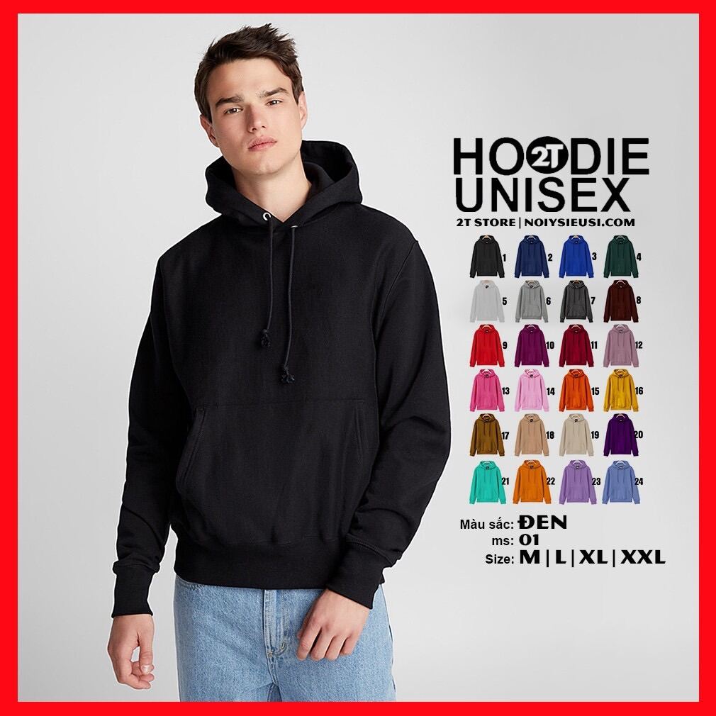 [4.4 HOÀN TIỀN 15%][HCM]Áo Khoác Nỉ Bông Hoodie Trơn Unisex 2T Store - Nón May Đắp 2 Lớp - Xỏ Ngón Cái (Đen)