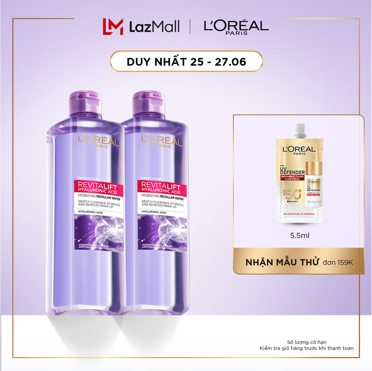 Bộ 2 Nước tẩy trang siêu cấp ẩm & giảm nếp nhăn L'Oreal Paris Pure Revitalift Hyaluronic Acid 1.5% 400ml x2