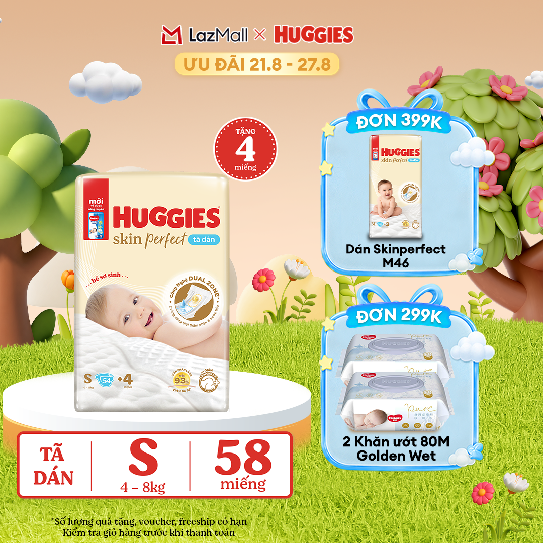 [17-24.08 QUÀ TẶNG ĐƠN 0Đ] Tã/bỉm dán sơ sinh Huggies Skin Perfect S 54+6 miếng với 2 vùng thấm giảm kích ứng da
