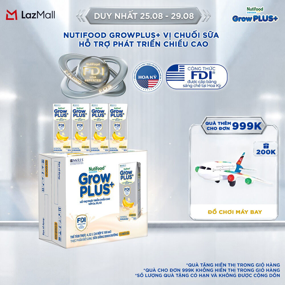 Thùng 24 hộp Sữa bột pha sẵn Nutifood Sweden GrowPLUS+ Vị Chuối Sữa hộp 180ml - Hỗ trợ phát triển chiều cao (24 hộp x 180ml)