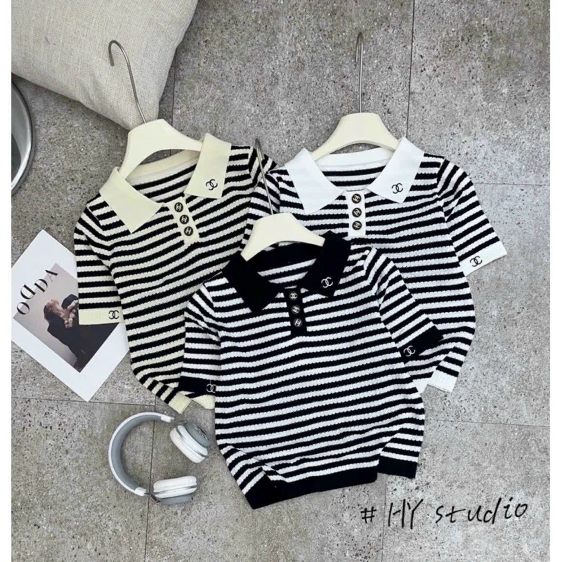 Áo len kẻ ngang cổ bẻ tay ngắn