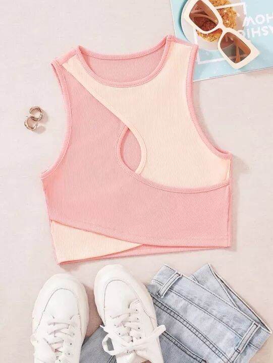 Áo croptop cổ tròn sát nách đan chéo hai màu (0731)