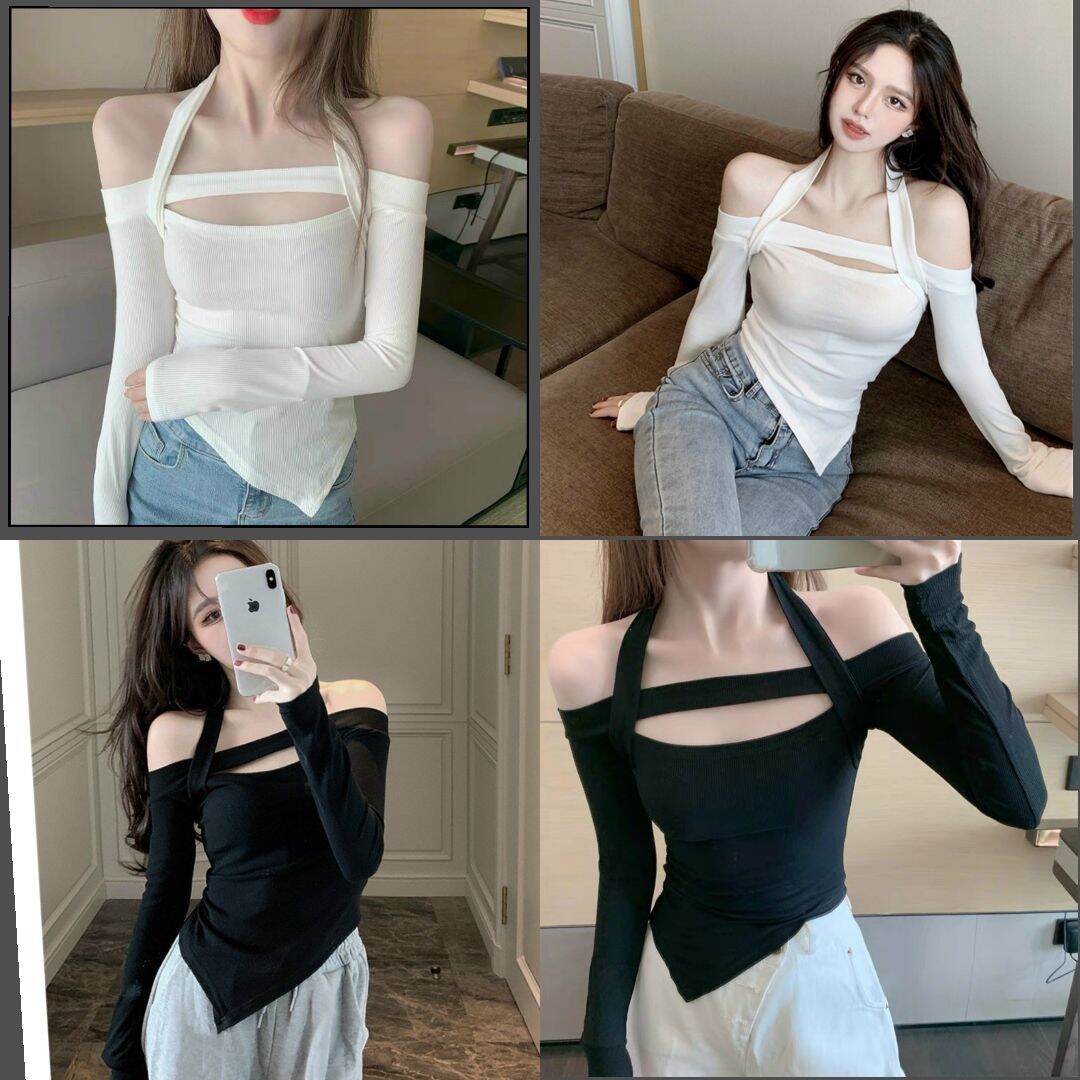 Áo gân kiểu bẹt vai tà nhọn cá tính