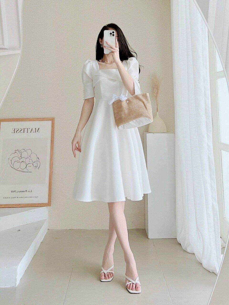 Đầm dự tiệc cưới đầm trắng tay phồng cỗ vuông dáng dài chéo ngực chất cotton mịn 2 lớp MINE DRESS