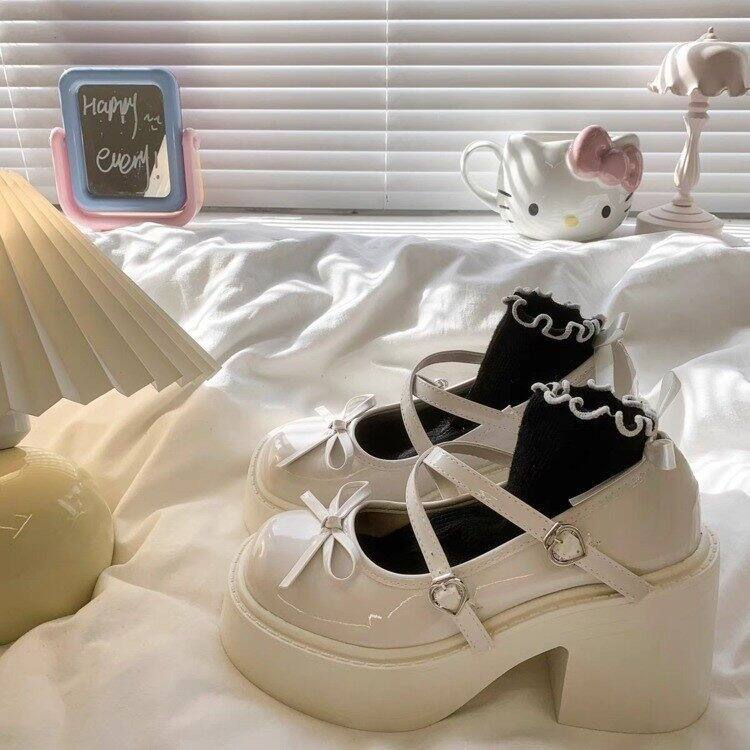 Giày Cao Gót Đế Dày Mary Jane Phong Cách Cổ Tích Có Nơ Bướm Cho Nữ Mùa Hè 2024 Giày Đơn Đế Cao Gót Mũi Tròn Đế Cao Su