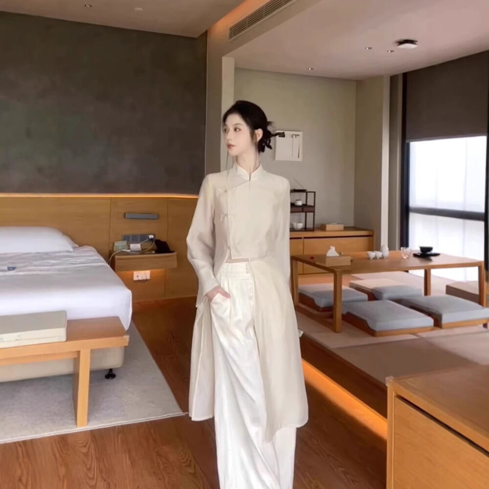 Bộ Trang Phục Trà Đạo Phong Cách Trung Hoa Dành Cho Nữ, Kiểu Dáng Rộng Rãi, Chất Liệu Polyester, Phong Cách Old Money, Bộ Đồ Hoàn Chỉnh Mùa Xuân.