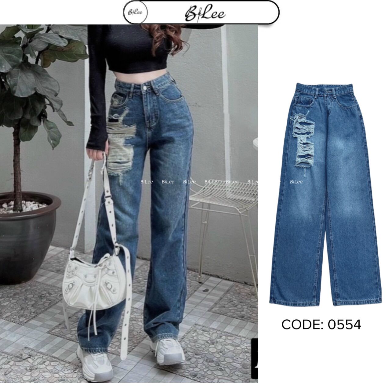 Quần jean nữ ống suông rách tưa 1 bên mã 0554, kèm ảnh thật chi tiết