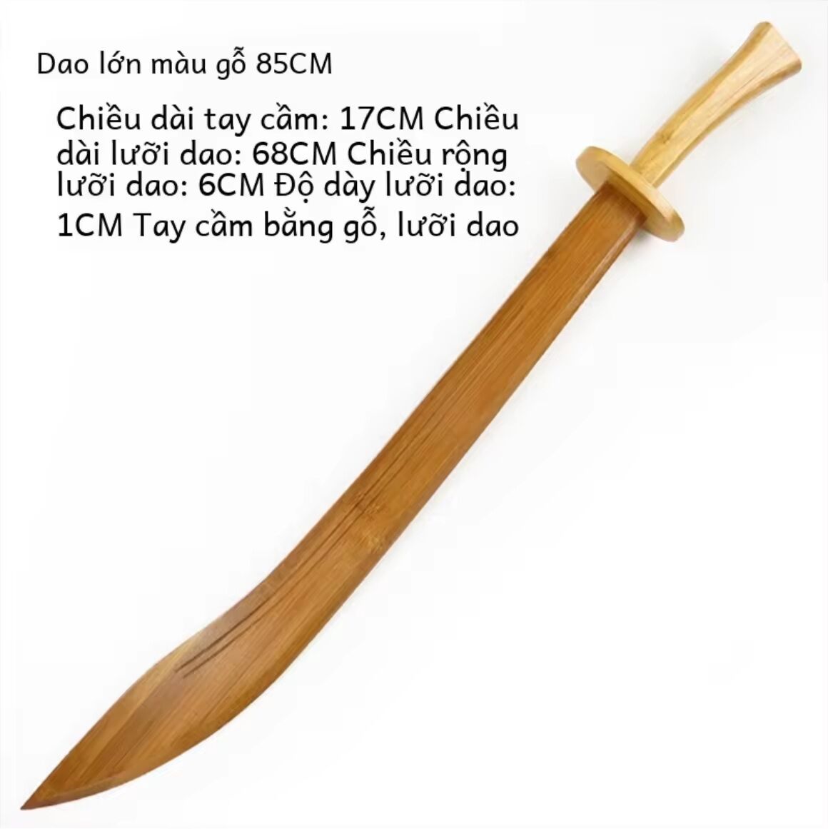 Đao gỗ tập võ cổ truyền, kiếm gỗ tập võ cổ truyền, đao gỗ tập dưỡng sinh, kiếm gỗ tập dưỡng sinh, dài 85CM, tay cầm 17CM, lưỡi đao 68CM, rộng 6CM, dày 1CM, tay cầm bằng gỗ, lưỡi đao bằng gỗ.