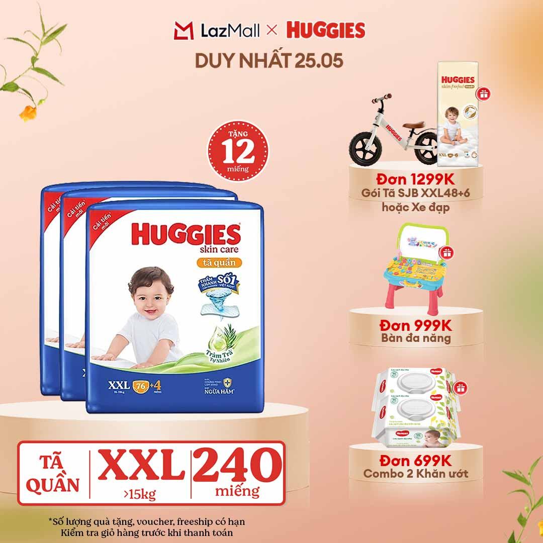 [CHỈ 25-29.05 GIẢM THÊM 90K] Combo 3 Gói Tã/bỉm quần HUGGIES SKINCARE MEGA JUMBO size XXL76+4 miếng