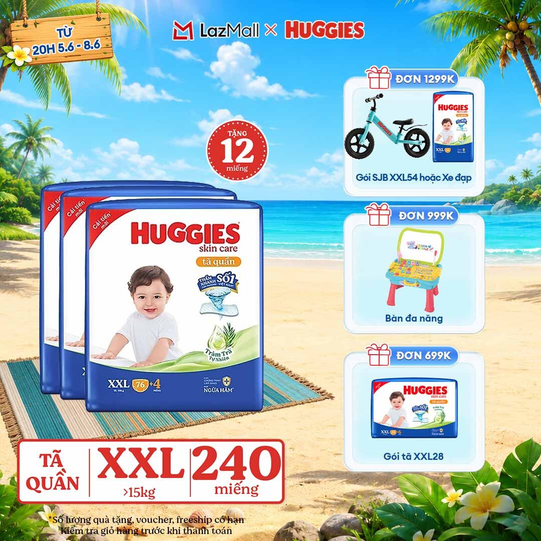 [CHỈ 9-10.6 GIẢM THÊM 90K] Combo 3 Gói Tã/bỉm quần HUGGIES SKINCARE MEGA JUMBO size XXL76+4 miếng