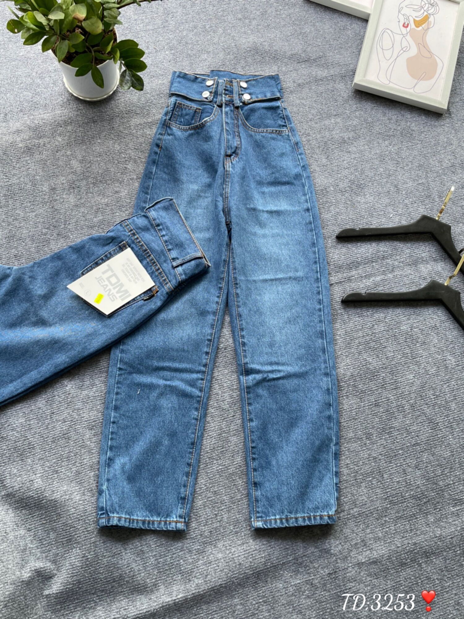 Baggy Jeans Lưng Cao 2 Nút Đai Nút
