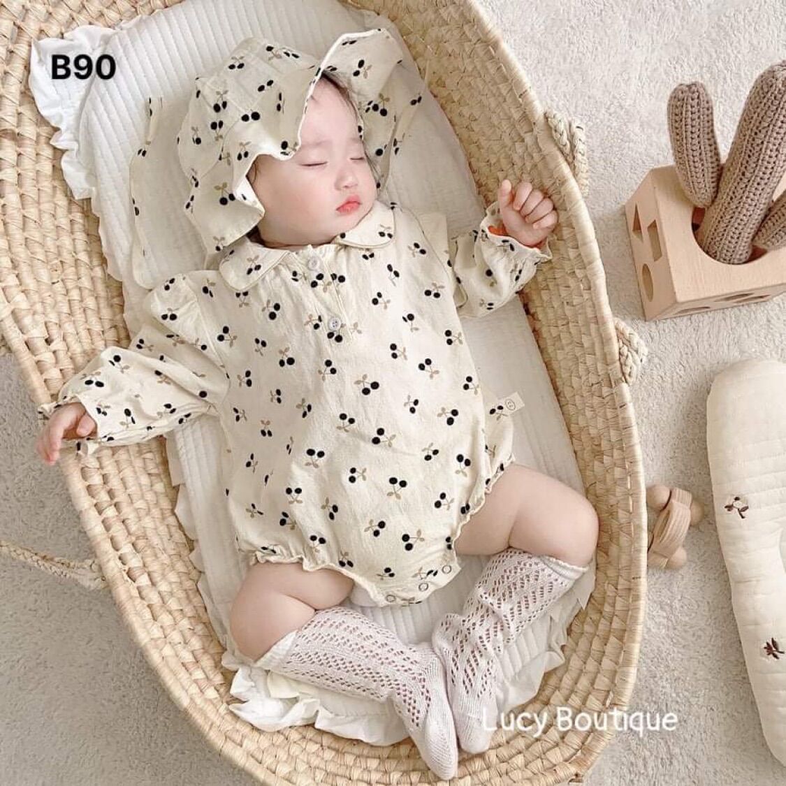 Set Body áo liền quần kèm mũ bé gái, Body đáng yêu cho bé gái sơ sinh từ 0 đến 14 tháng