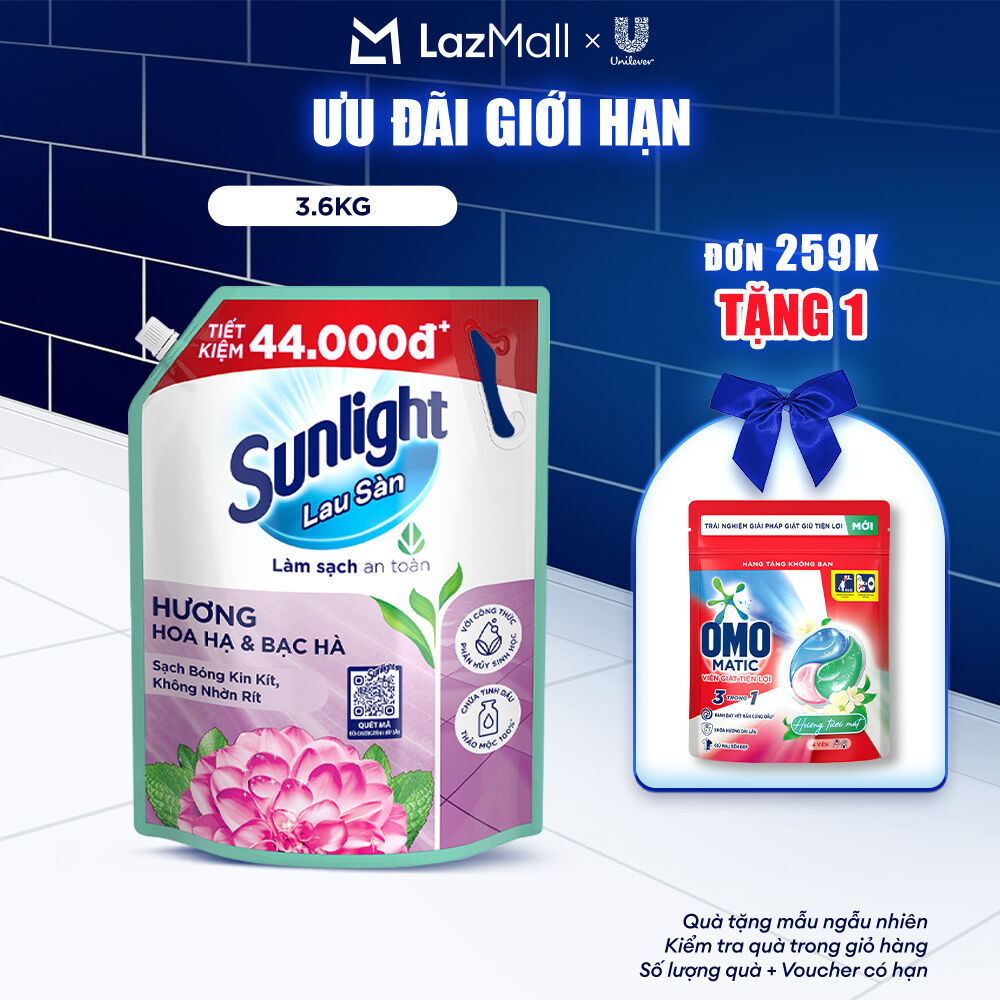  Nước lau sàn Sunlight Hoa Hạ & Bạc Hà Túi 3.6kg | Tinh dầu Thảo mộc 100% | Hương thơm tươi mát 