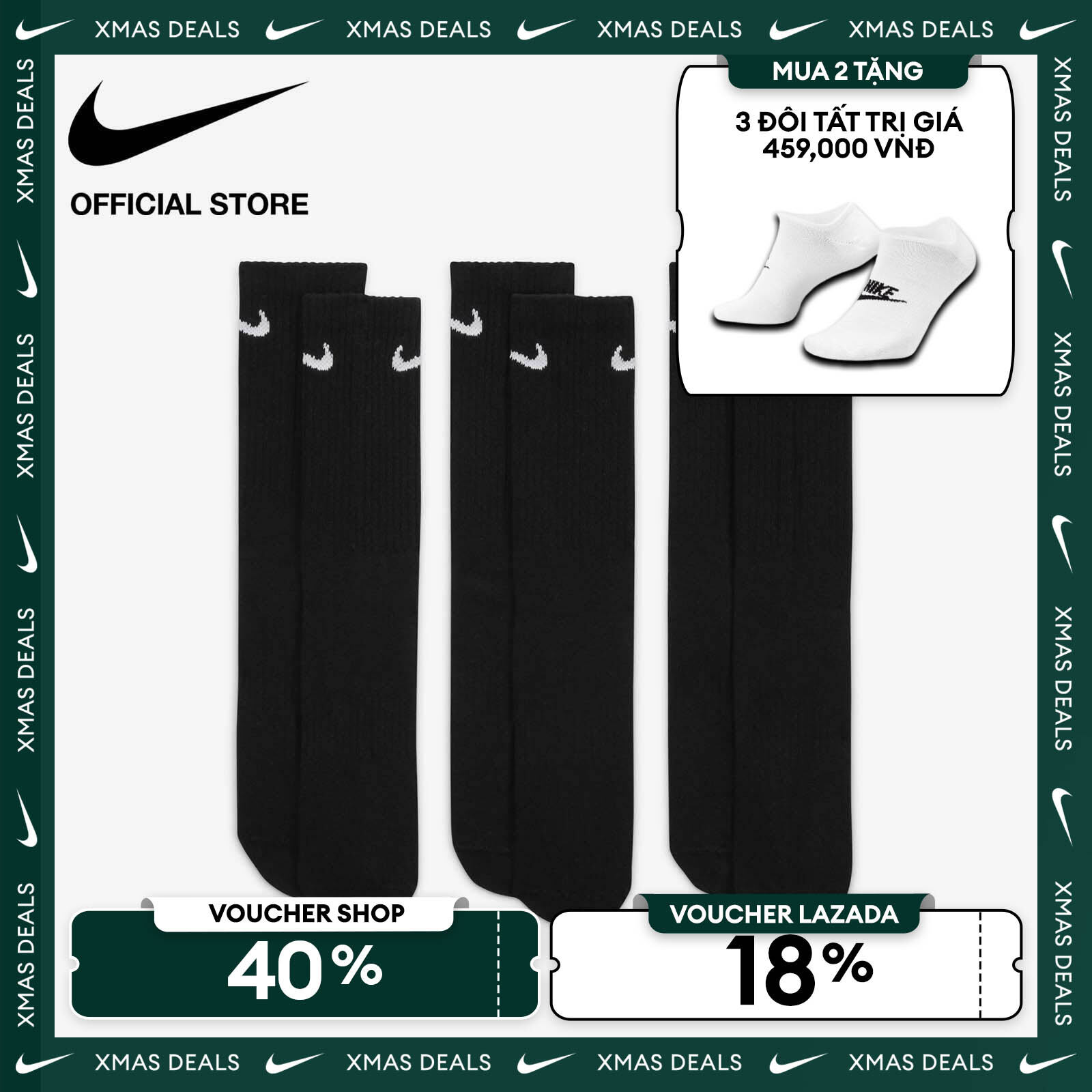   VOUCHER 40% + MUA 2 TẶNG VỚ  Tất Cổ Cao Nike Men's Everyday Lightweight Training Crew Socks  3 Pairs  - Black 