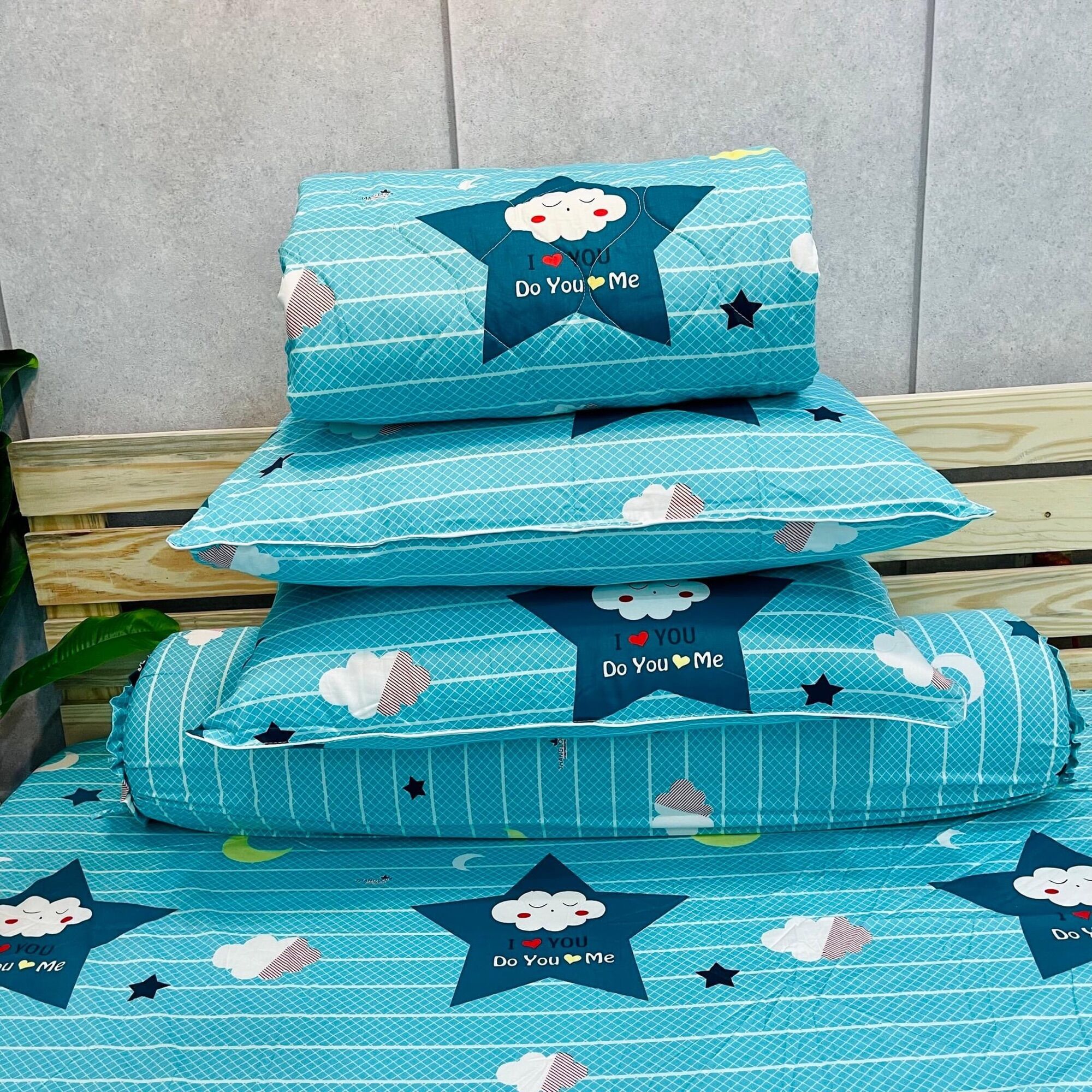 Bộ drap gối cotton 100% in logo cty, ga trãi giường vải dày dặn