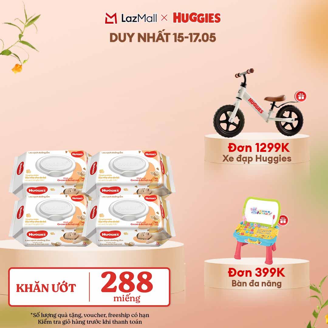 [CHỈ 15-17.05 GIẢM THÊM 90K] Combo 4 gói Khăn giấy ướt cho trẻ sơ sinh HUGGIES (Gói 72 tờ)-Chiết xuất Cao cao  Bơ hạt mỡ