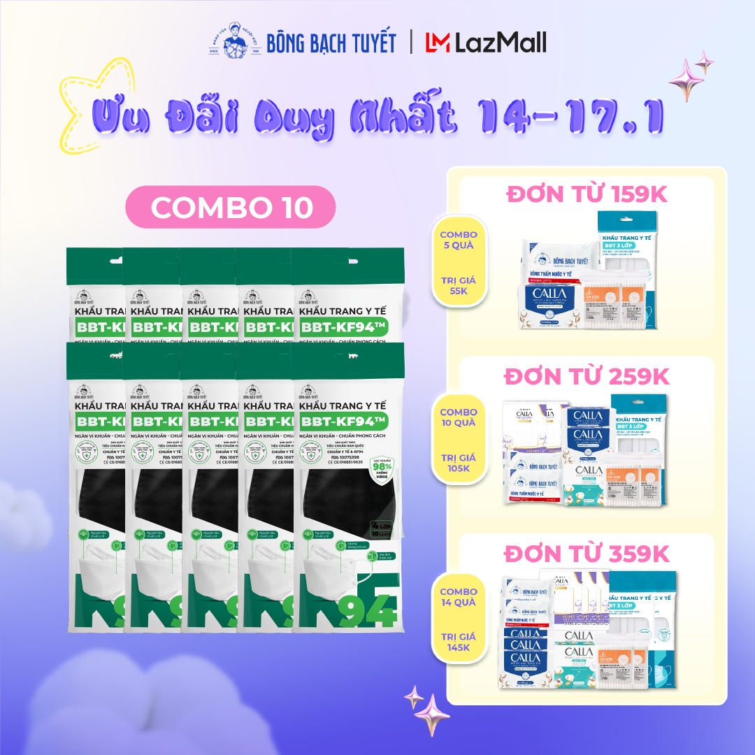 Combo 10 Gói Khẩu trang Bông Bạch Tuyết KF94 4 lớp - Đen (10 cái/gói)