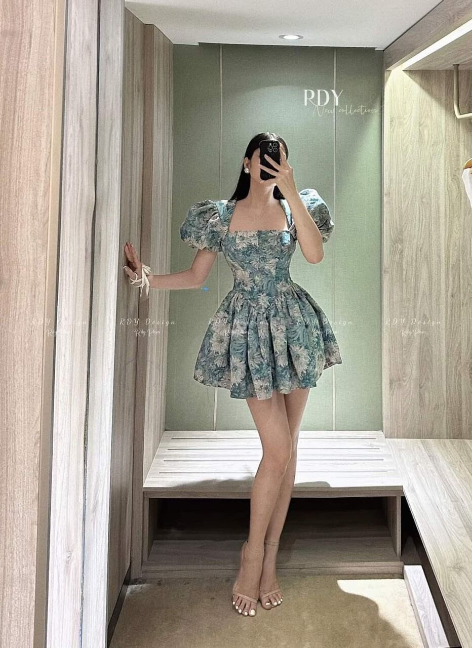 Đầm xòe đi tiệc gấm hoa tay phồng (hàng cao cấp, shop tự chụp)