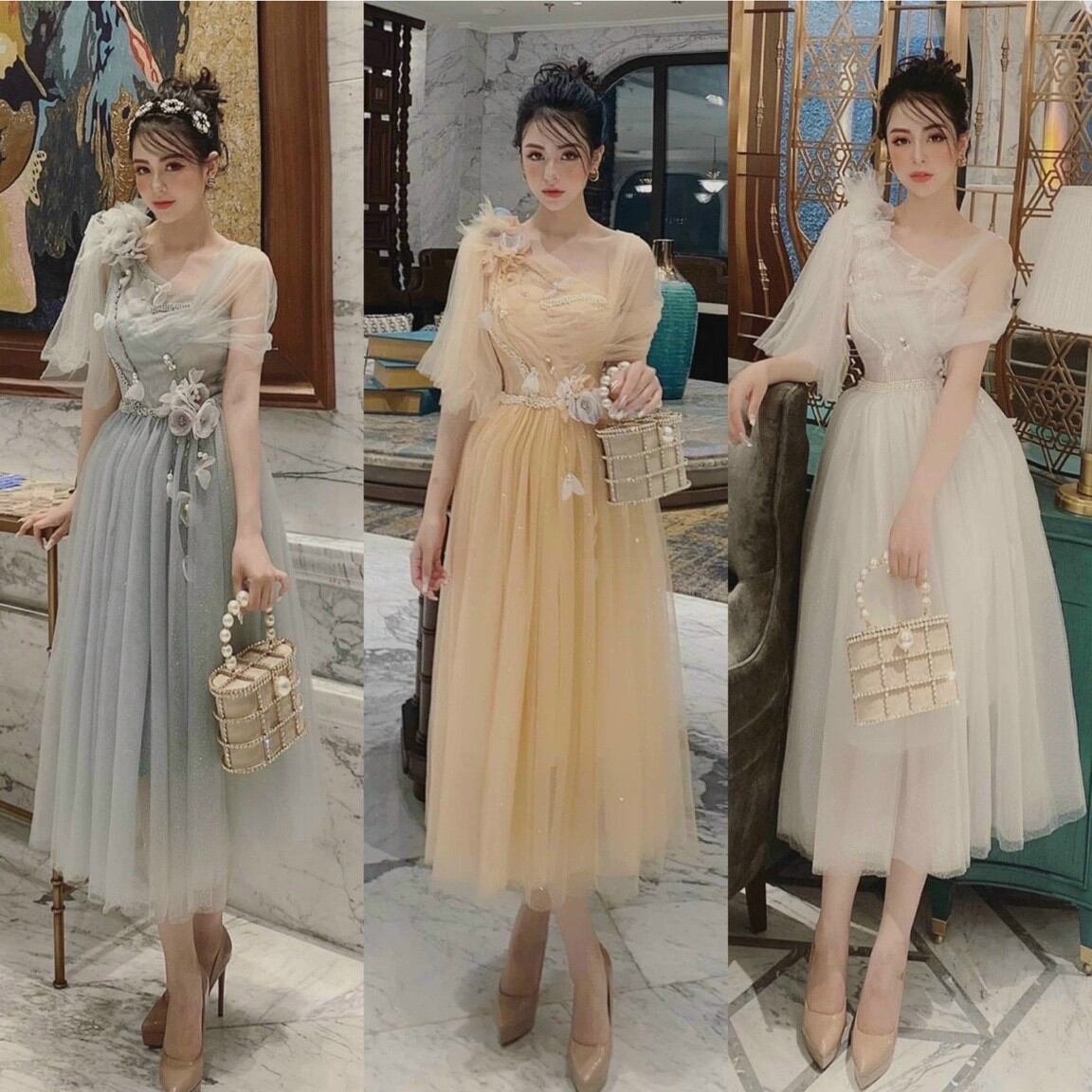 Đầm xòe kim tuyến đính hoa