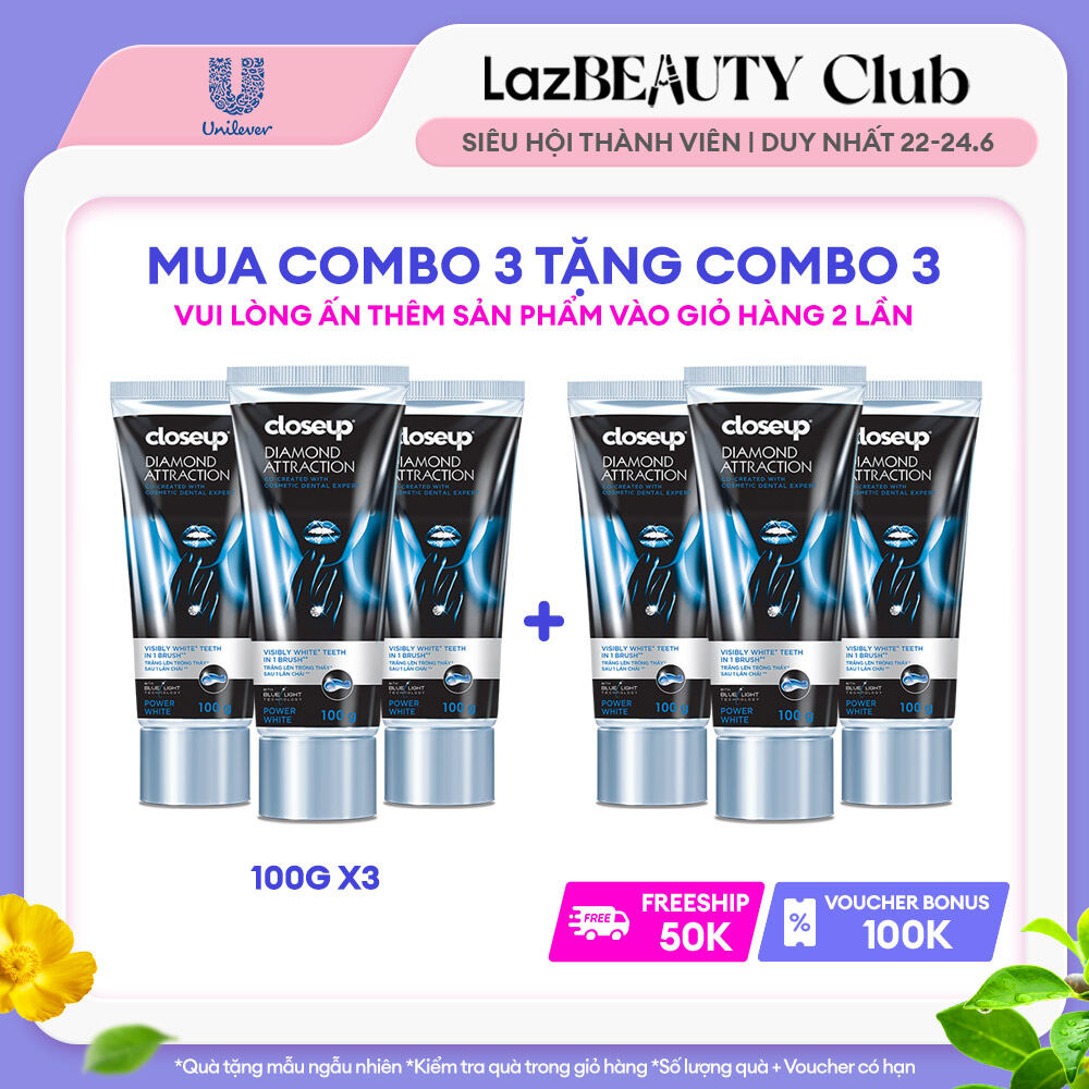 (Mua 2 tính tiền 1) Combo 3 Kem Đánh Răng Closeup Dạng Gel Trắng Răng Diamond Attraction Ngay Sau 1 Lần Chải 100G/Tuýp