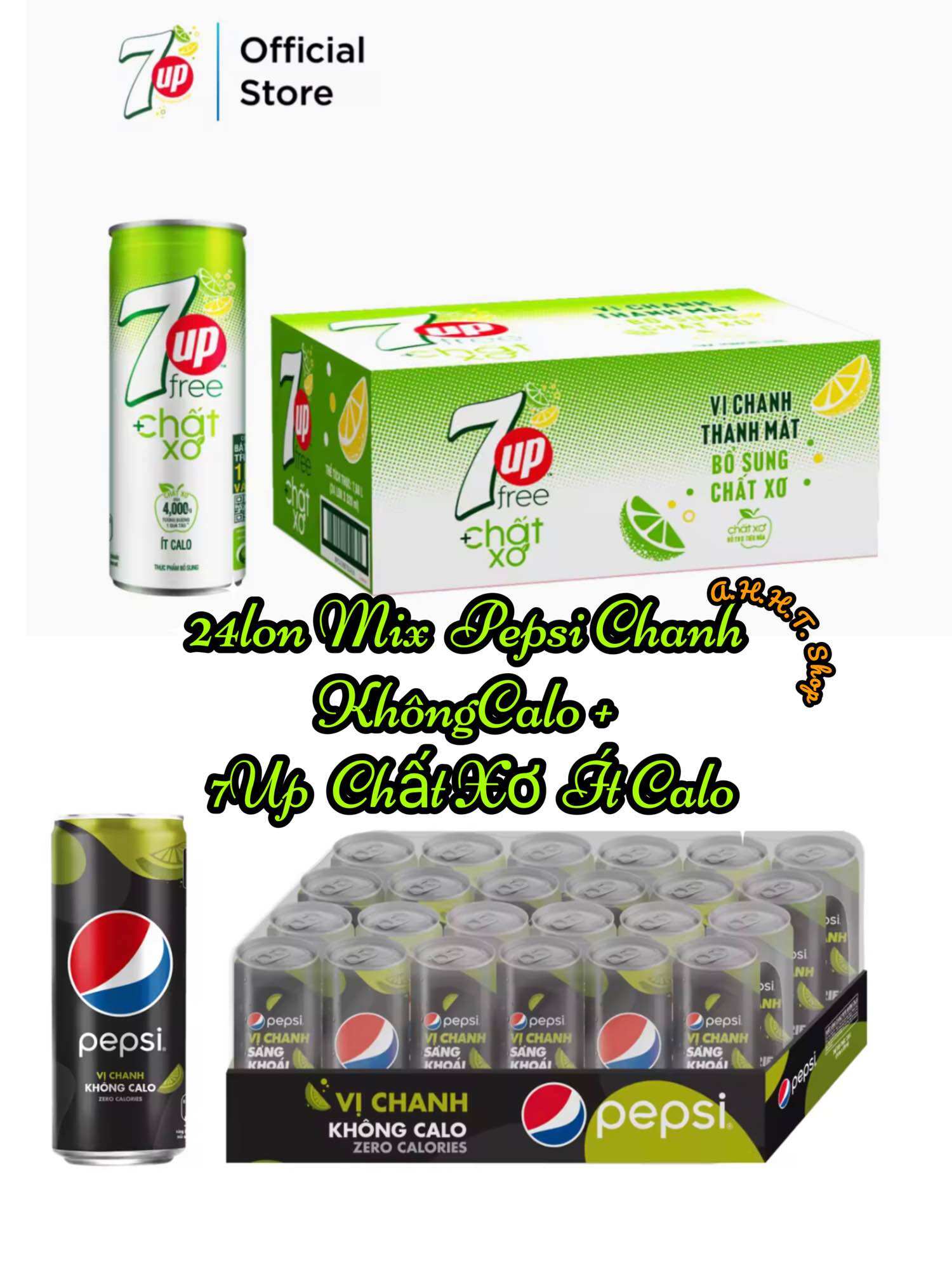 (Set24Lon) Mix 2 Vị Chanh Không Calo và 7Up Chất xơ Ít calo (24 lon - 320ml/lon)