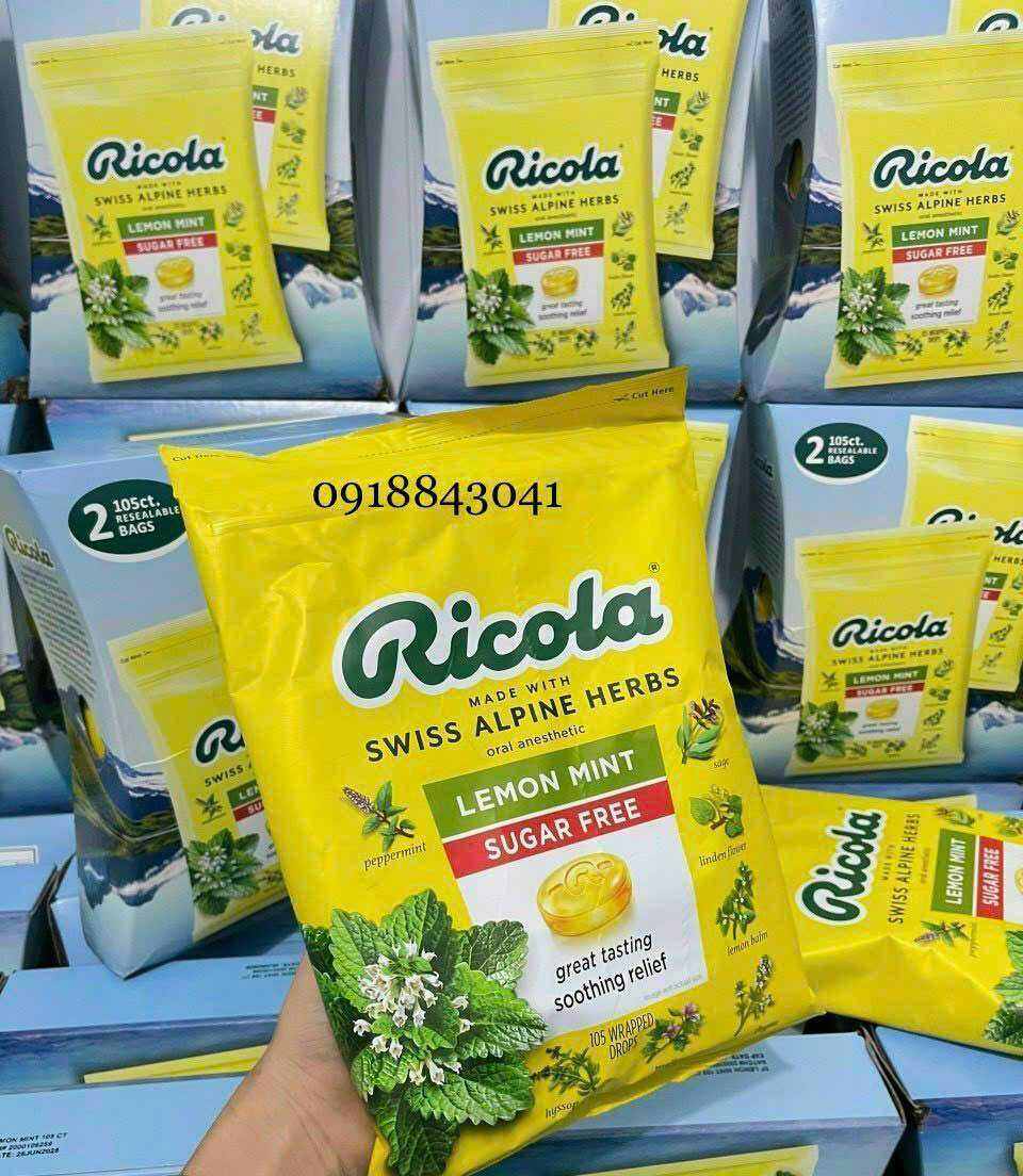 Kẹo ngậm thảo mộc giảm ho Ricola Lemon Mint không đường của Mỹ