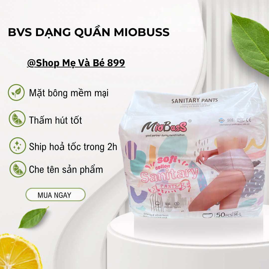 Băng vệ sinh dạng quần Miobuss. Túi 50 miếng size từ 35-75kg. Co giãn thấm hút mềm mại cho phụ nữ đến kì kinh nguyệt. CÓ CHE TÊN SẢN PHẨM