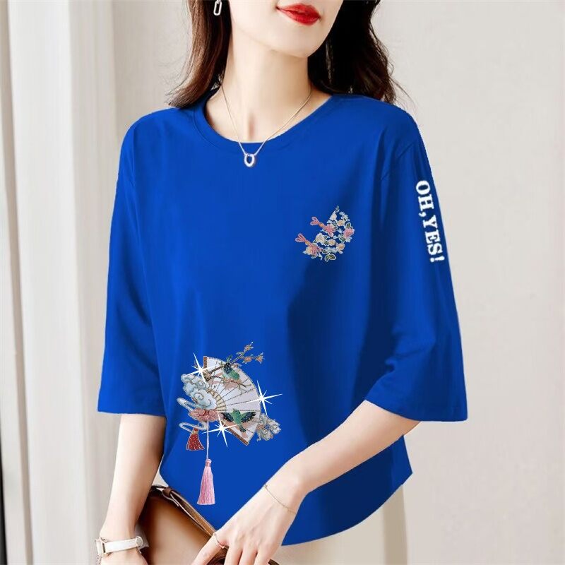 Áo Thun Tay Lửng in Họa Tiết Phong Cách Trung Hoa Rộng Rãi Cho Phụ Nữ Trung Niên Và Cao Tuổi Mùa Hè Thường Ngày
