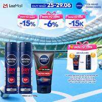 Bộ 3 Sản Phẩm Gồm 2 Xịt Ngăn Mùi NIVEA MEN Khô Thoáng (150 ml) - 81602x2 + Sữa Rửa Mặt NIVEA MEN Bùn Khoáng Kiểm Soát Nhờn | Ngừa Mụn | Sạch Sâu (100 g) - 83940