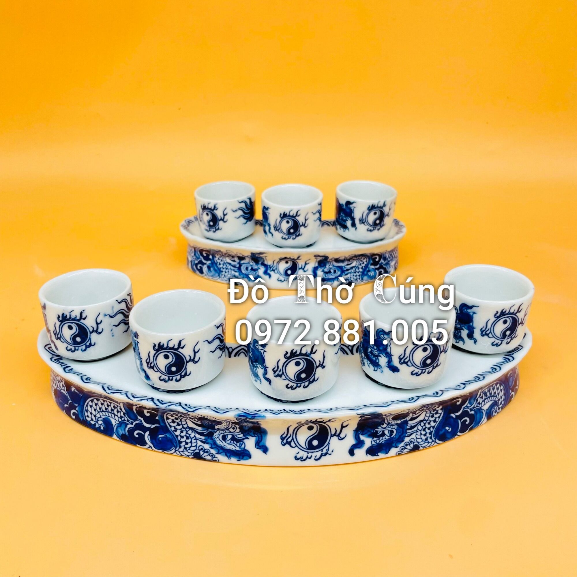 Bộ kỷ chén thờ men lam , hàng 3D vẽ kĩ
