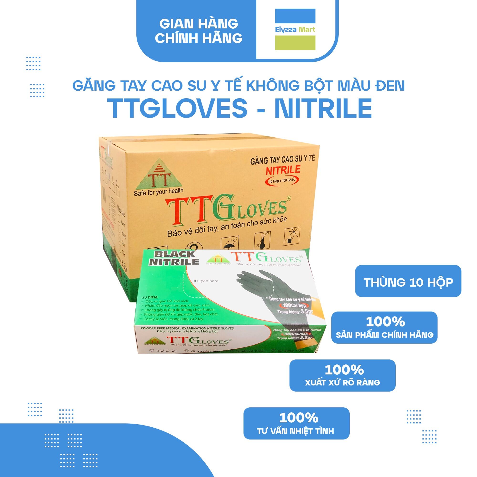 [HCM]Thùng 10 Hộp Găng Tay Y Tế Nitrile Không Bột Cao Cấp TTGloves Màu Đen