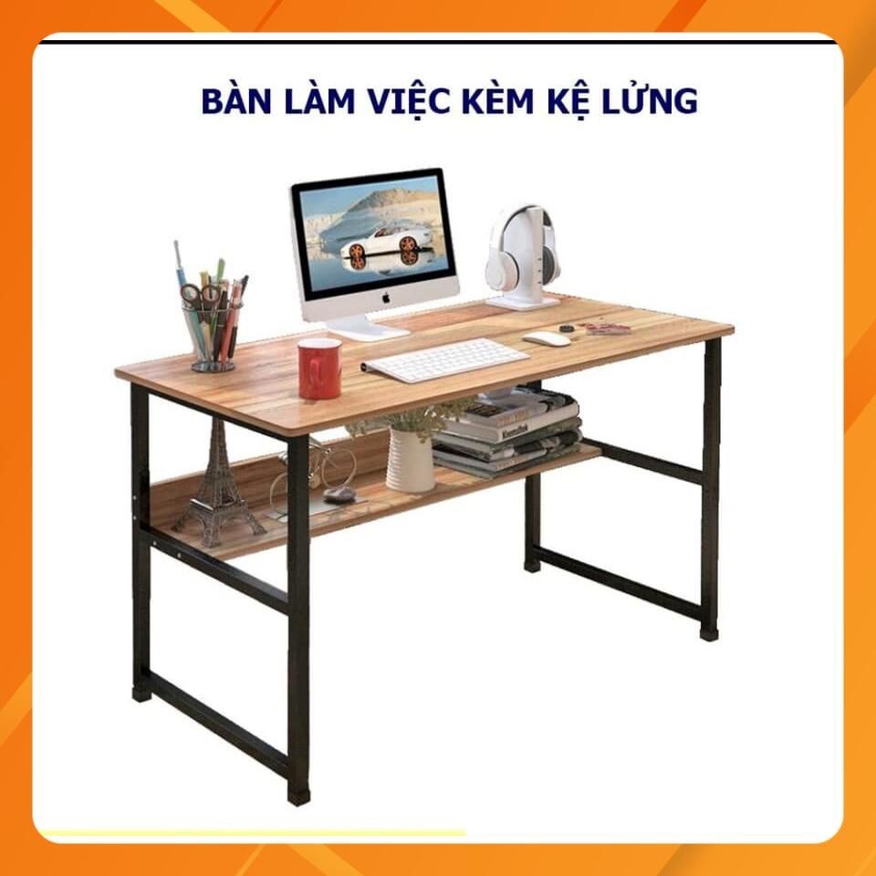 Bàn Học, Bàn Làm Việc Có Kệ Lửng, Khung Thép Đen Tĩnh Điện, Mặt Gỗ