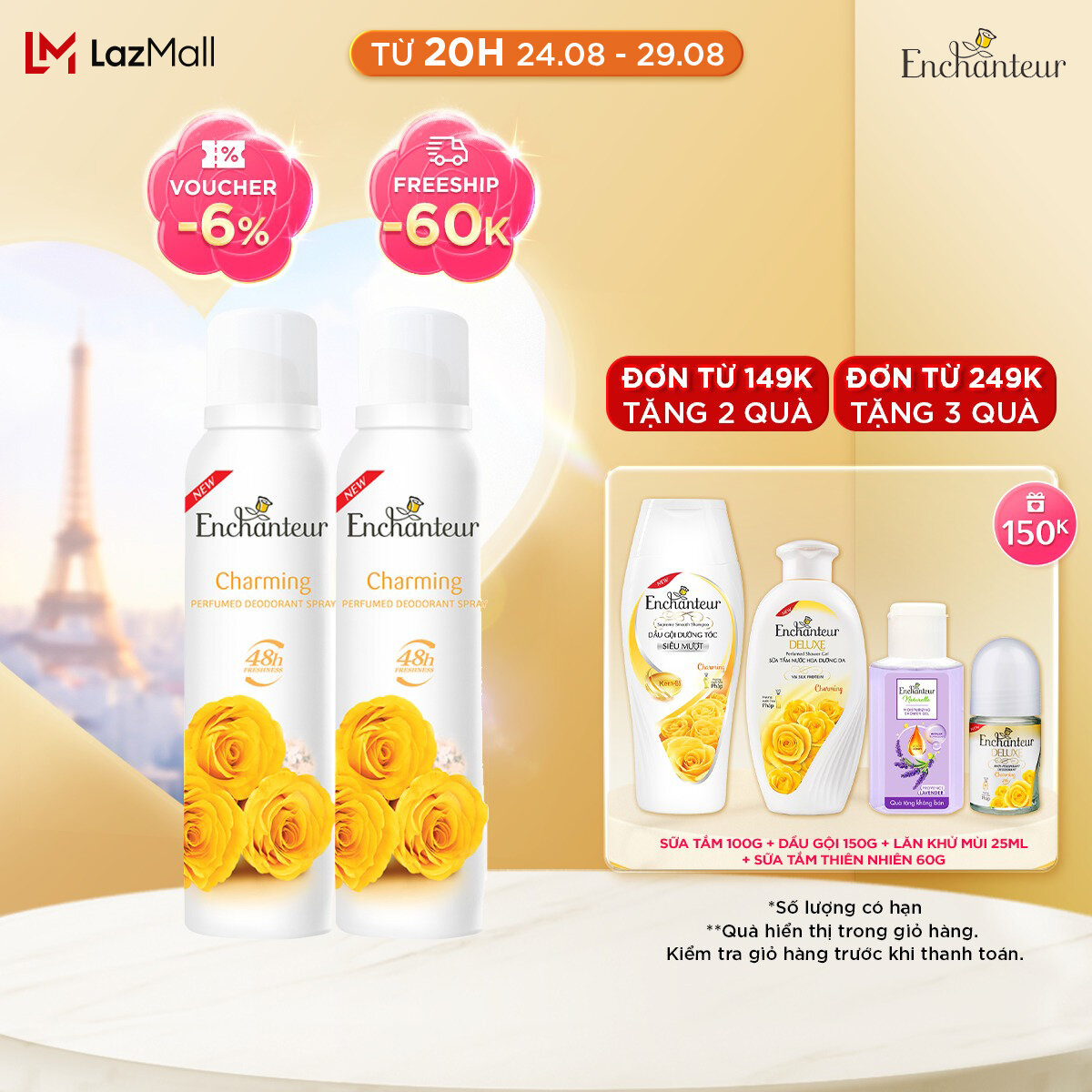 Combo 2 Xịt khử mùi nước hoa Enchanteur Charming 150ml/Chai