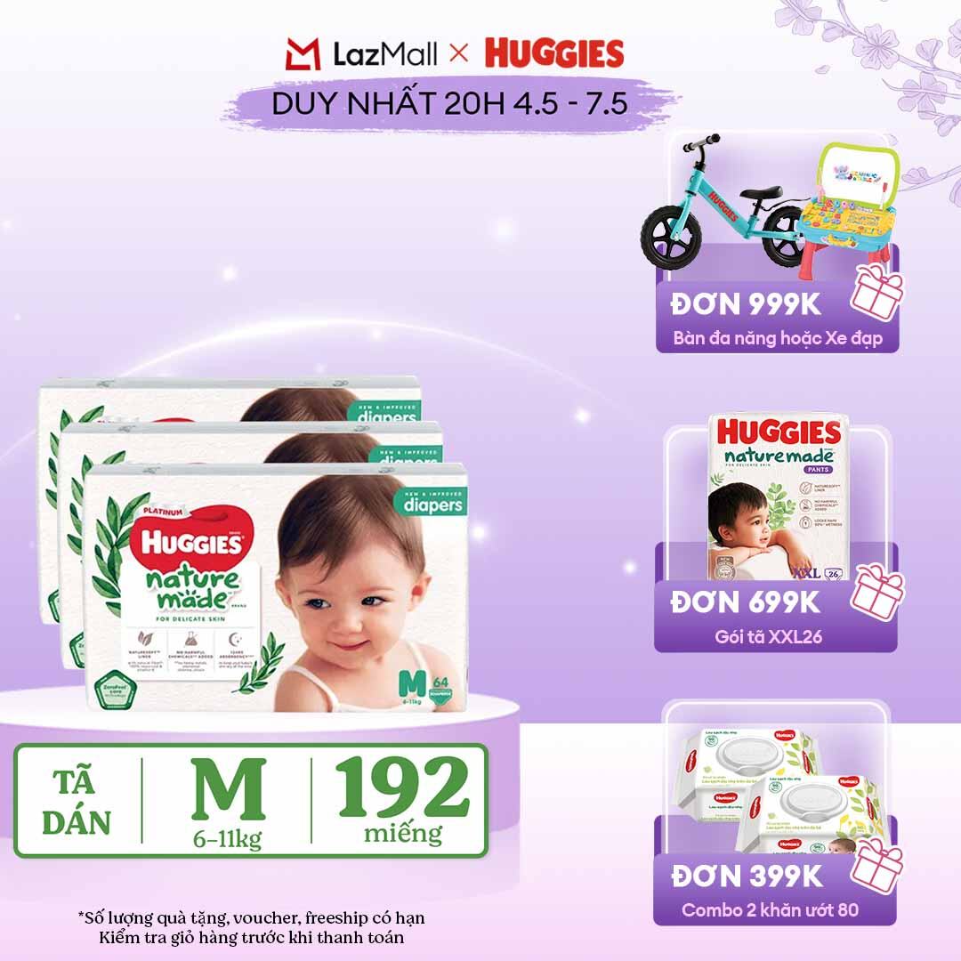 [CHỈ 20h 04-07.05 QUÀ TẶNG ĐƠN 399K](Mua 1 tặng 1) Combo 3 Tã/Bỉm dán HUGGIES PLATINUM NatureMade M64 (6-11kg)-Gói Jumbo 64 miếng