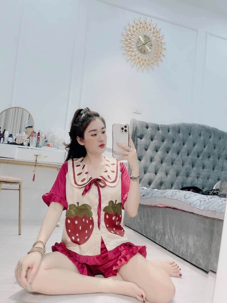Bộ pijama đùi dâu phối tiểu thư lụa satin chất cực mềm và mát
