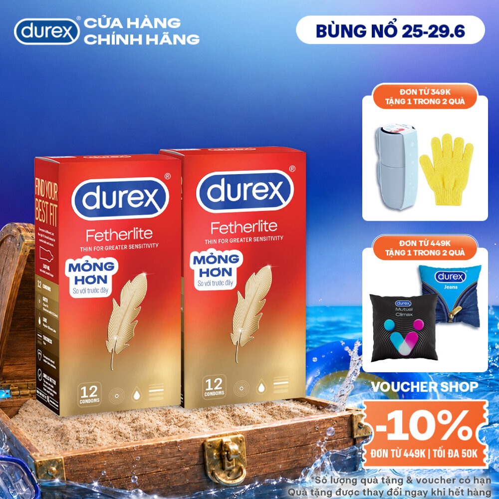 Combo 2 Bao cao su Durex Fetherlite siêu mỏng, size 52.5mm, 12 bao/hộp
