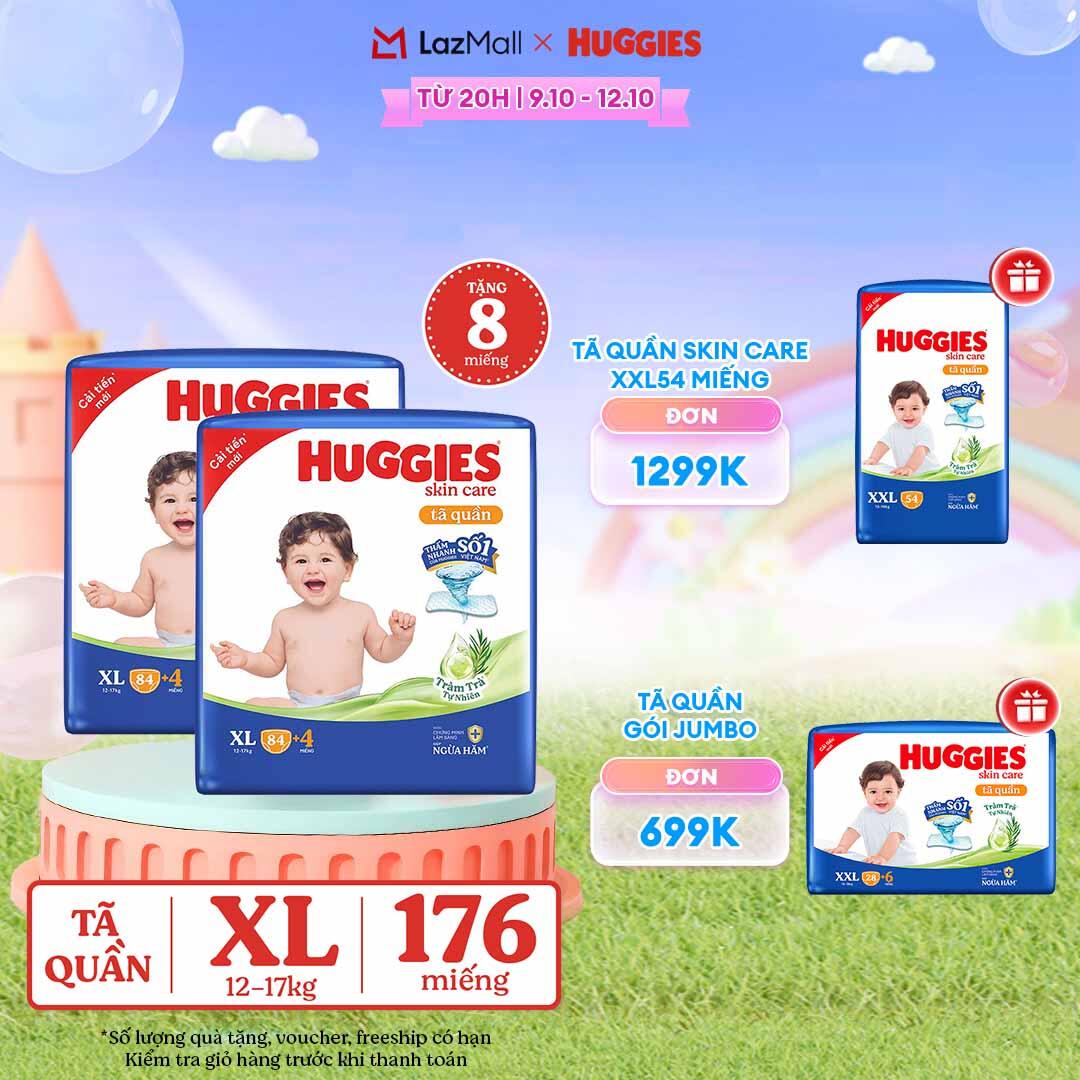 [CHỈ 20H 09-12/10  GIẢM THÊM 80K] Combo 2 Gói Tã/bỉm quần HUGGIES SKINCARE MEGA JUMBO size XL84+4 miếng