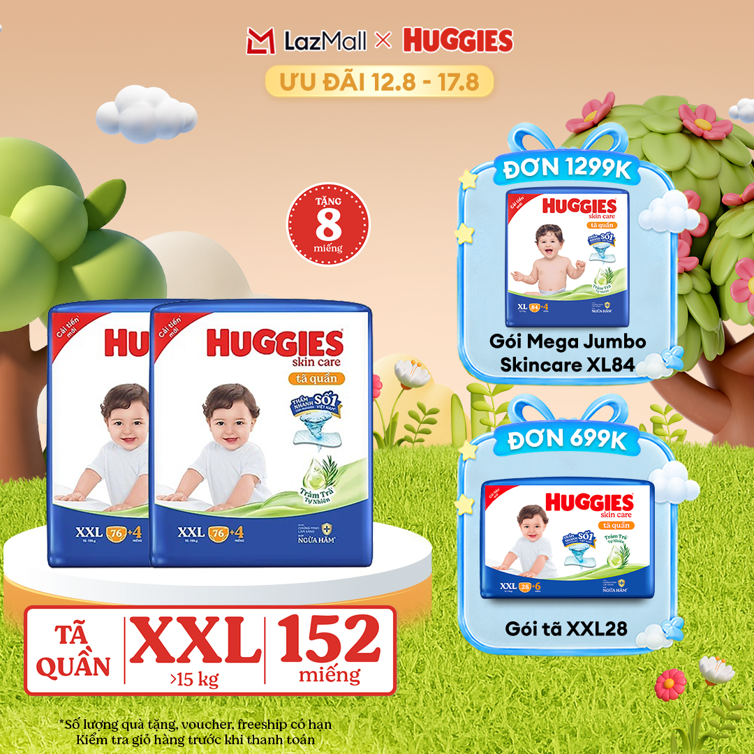 [12-17.08 GIẢM THÊM 90K]  Combo 2 Gói Tã/bỉm quần HUGGIES SKINCARE MEGA JUMBO size XXL76+4 miếng