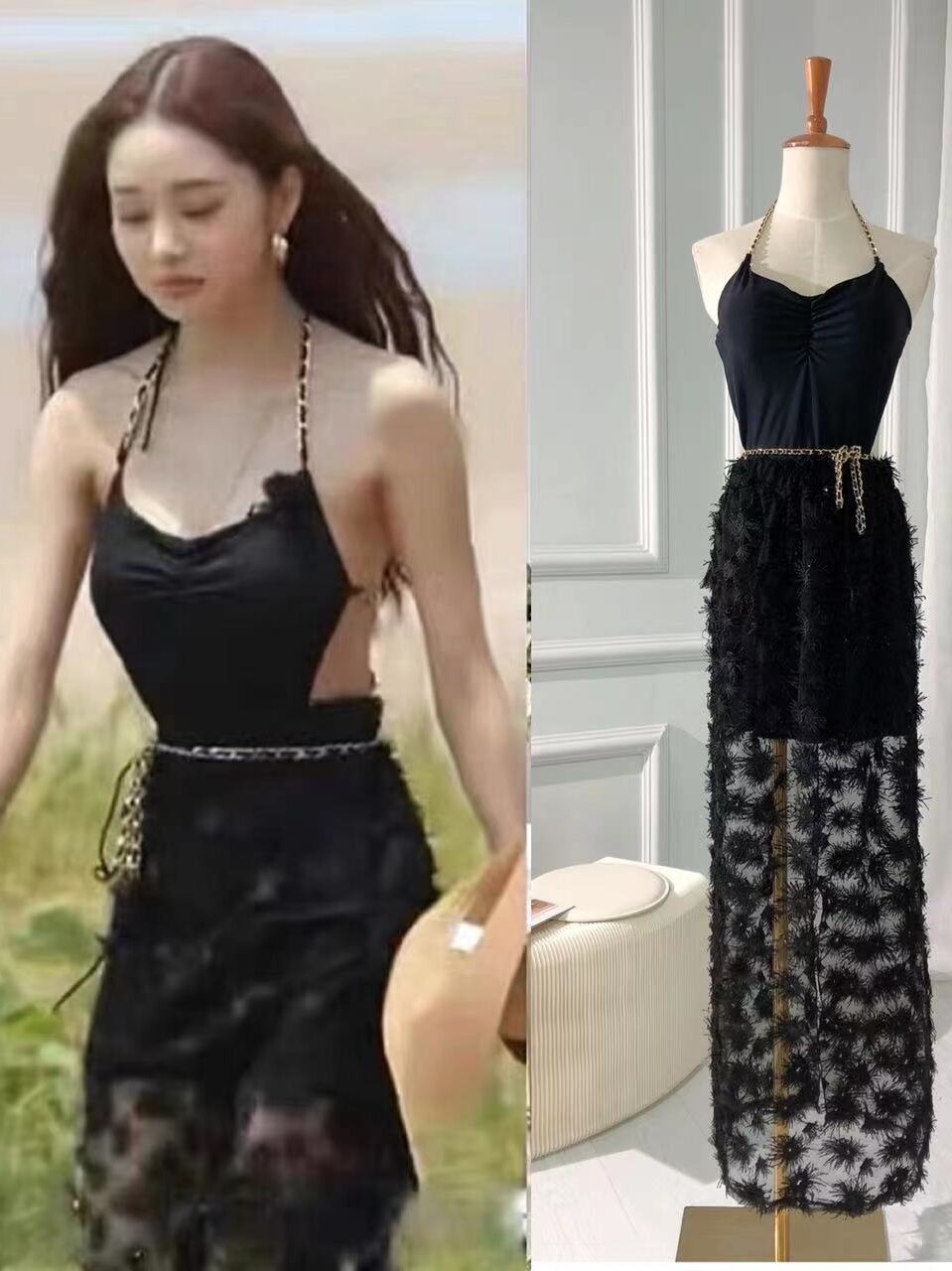 Đồ Bơi Liền Thân Kiểu Váy Dây Xích Hở Lưng Gợi Cảm Màu Đen Cùng Kiểu Với Địa Ngục Tống Trí Nhã Độc Thân Váy Dài Đi Biển Nghỉ Mát