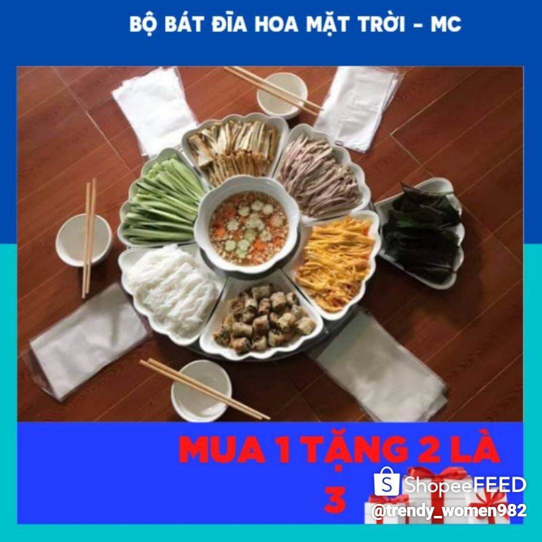 Bộ bát đĩa hoa mặt trời, trắng trơn.