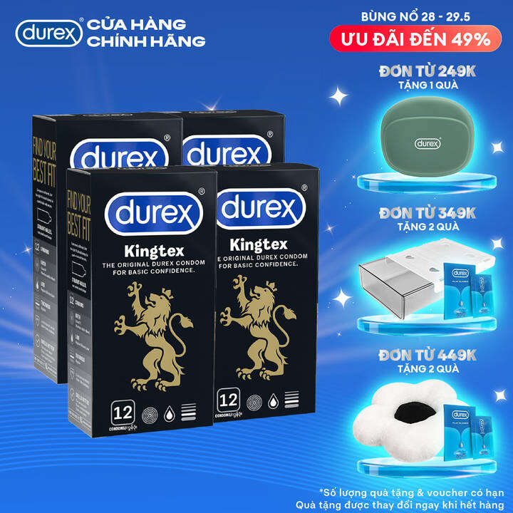 Bộ 4 hộp bao cao su Durex Kingtex bôi trơn, ôm sát size 49mm, 12 bao/hộp