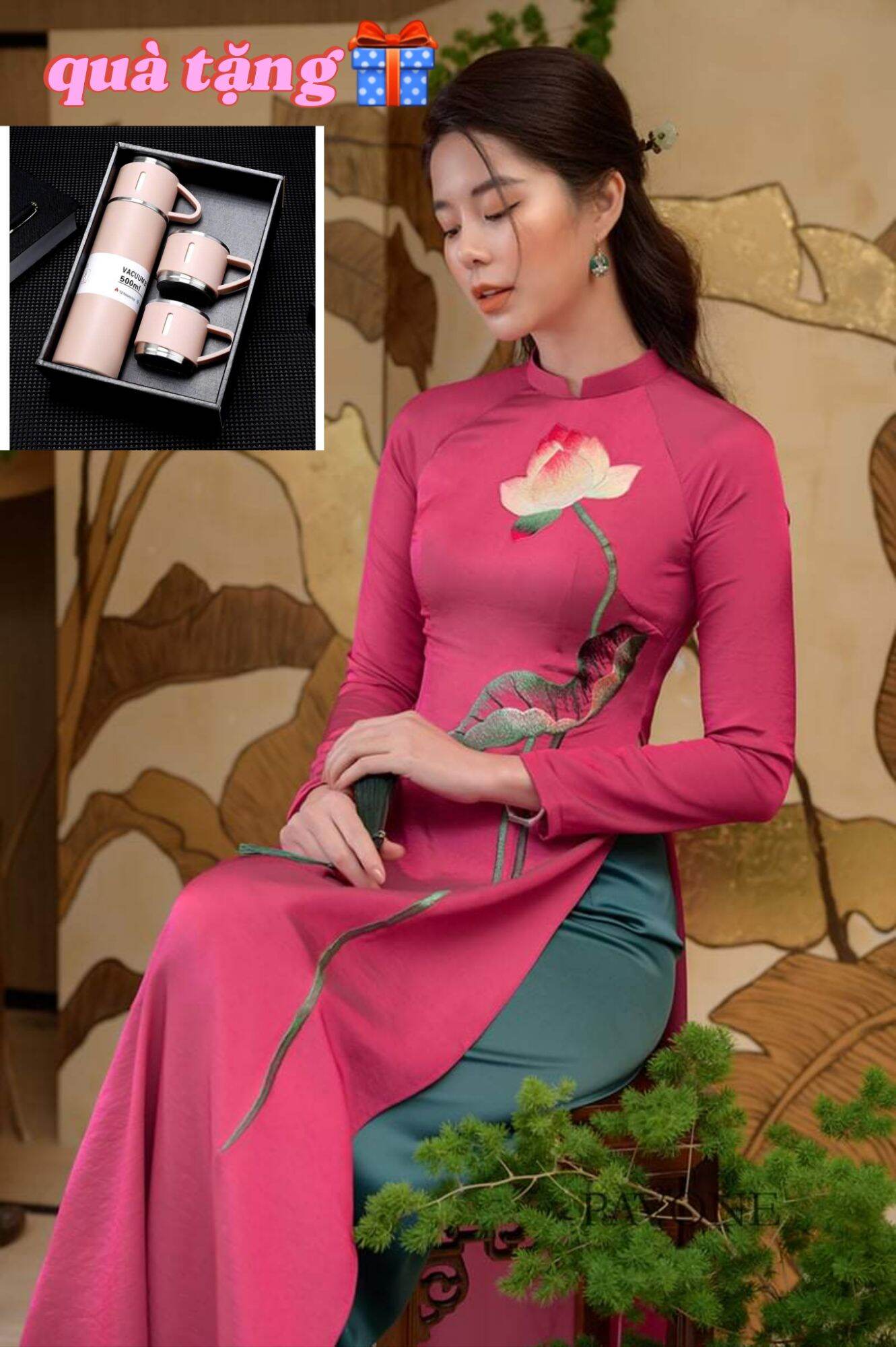 áo dài thêu hồng hoa sen  mới nhất