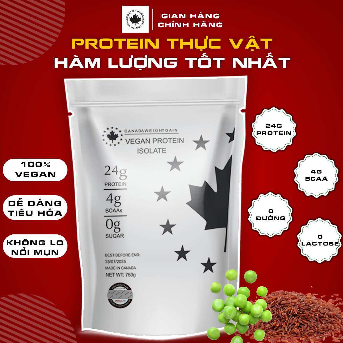 Combo 2 Túi Vegan Protein Isolate - Túi 750g - Protein Thực Vật Cô Lập- Chính hãng Canada WeightGain