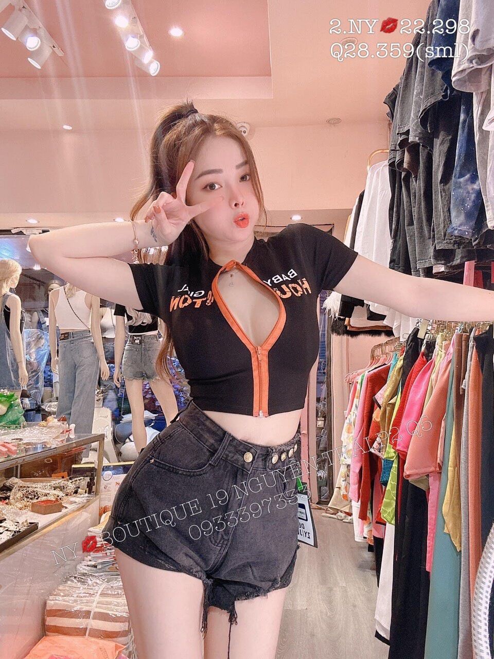 Áo croptop phối dây kéo màu cam BG