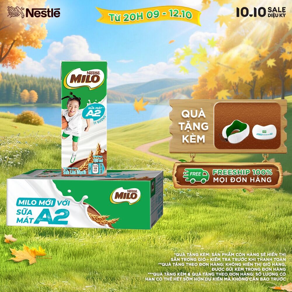 [ƯU ĐÃI THÁNG 10] [Giao hàng toàn quốc] Thùng Sữa Lúa Mạch Nestle MILO A2 MỚI 48 hộp (4x180ml)
