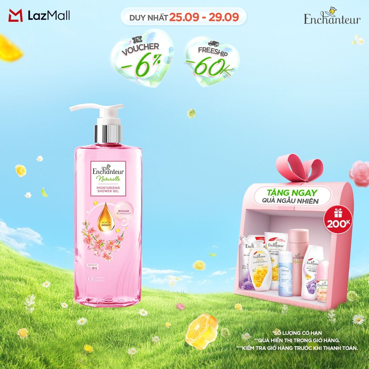 Sữa tắm dưỡng da thiên nhiên Enchanteur Naturelle hương hoa Lavender/ Iris/Rose 510gr