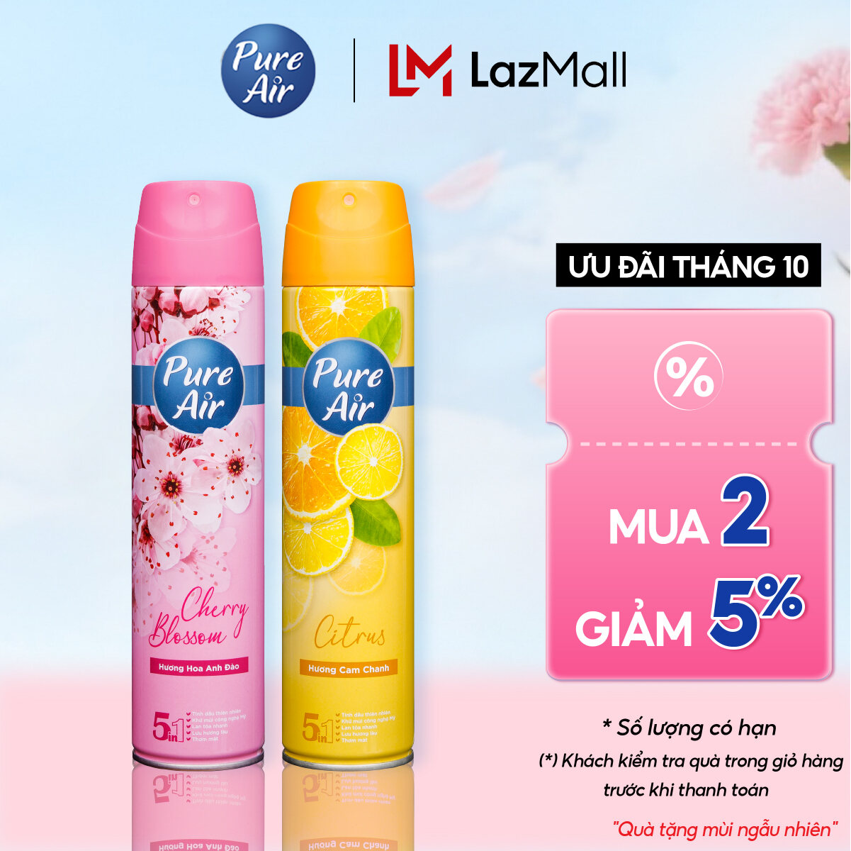 Combo 2 Chai Xịt Phòng Hương Nước Hoa Pure Air Hương Hoa Hồng Hương Anh Đào Hương Cam Chanh Hương Oải Hương Hương Phấn 280ml/chai