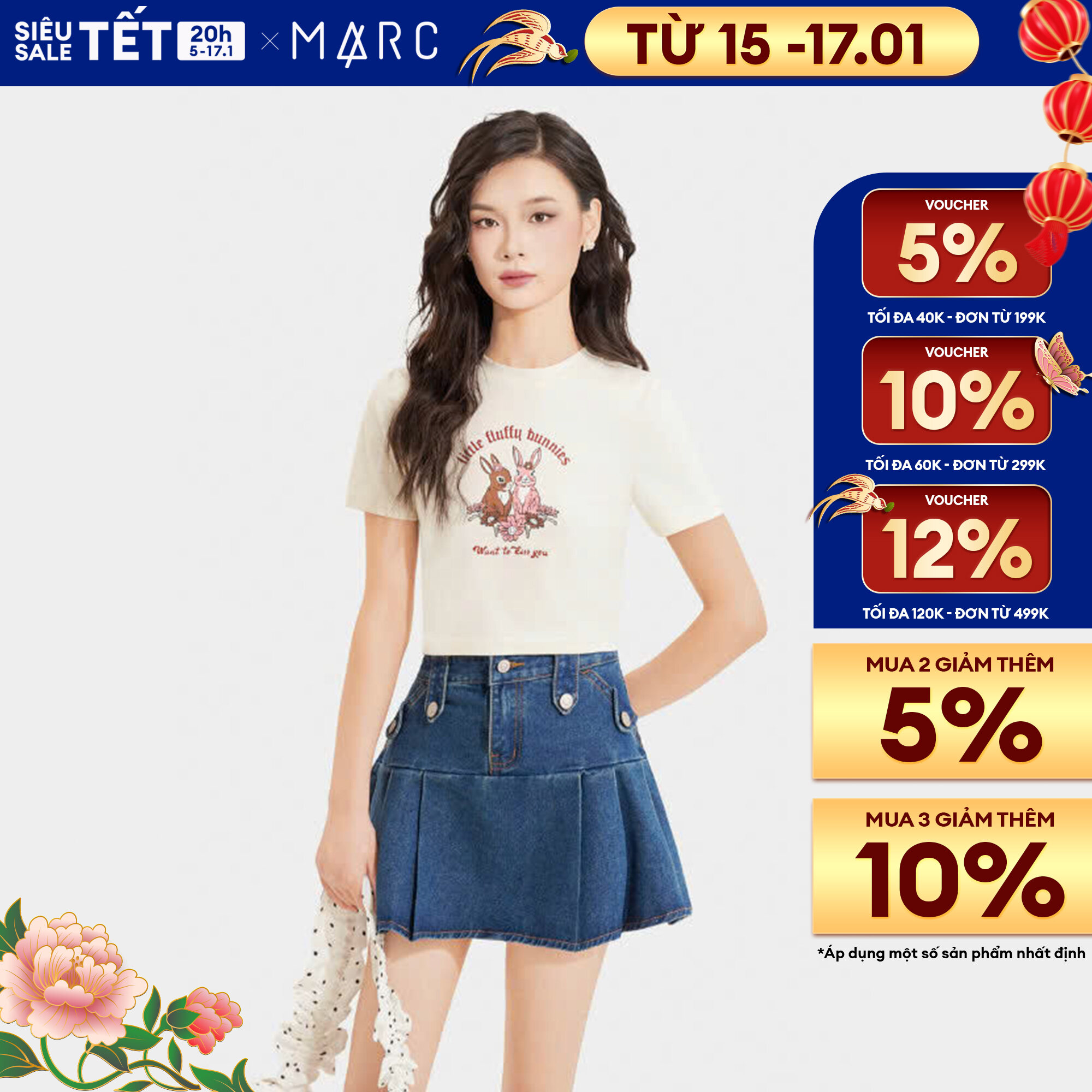 [15 - 17.01 | VOUCHER 120K | MUA 3 GIẢM 10%] Áo thun form ôm in hình "little fluffy bunnies" nữ MARC FASHION CBQH090724