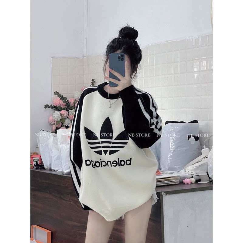 Áo len adidas phối tay kẻ sọc hàng QC dày